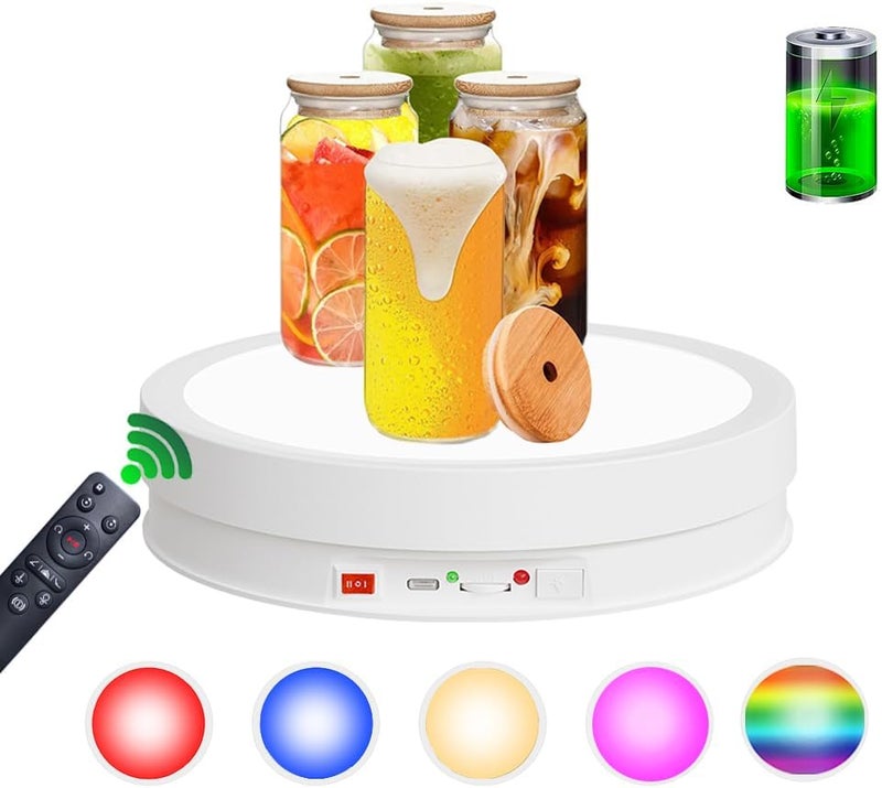 JAYEGT Variety Colors LED Light Non-Slip Rotating Display Stand , 66lbs Load, 360 Degree Photography Turntable for Glass Crystal Spherical Artwork (8.66inch / 6Color LED Light / White /Rechargeable) - Image 1